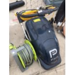 A PRO ELECTRIC LAWN MOWER WITH GRASS BOX AND A HOSE PIPE ON A REEL