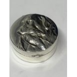 A MARKED SILVER PILL BOX EMBOSSED WITH A RETRIEVER