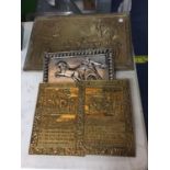 TWO BRASS PLAQUES WITH PRAYERS, A BRASS PLAQUE WITH A PUB SCENE AND A WHITE METAL PLAQUE WITH A
