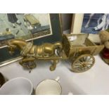 A LARGE BRASS HORSE AND CART, HEIGHT 14 CM, LENGTH 40 CM