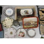 TWO VINTAGE TRAYS, BURLEIGHWARE FISH AND VEGETABLE DECORATED PLATES, CABINET PLATES, ETC