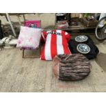 AN ASSORTMENT OF ITEMS TO INCLUDE A NOVELTY FOOTBALL SHIRT PILLOW, A CHILDRENS DECK CHAIR AND TWO