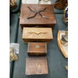 THREE MAHOGANY BOXES TO INCLUDE ONE FOR PLAYING CARDS, A LARGE WORK BOX, ETC, PLUS AN OAK MUSICAL