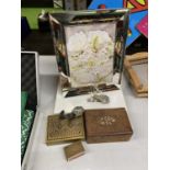 A COLLECTION OF ITEMS TO INCLUDE BOXES, A BRASS MATCHBOX HOLDER, A SILVER PLATED PHOTO FRAME,
