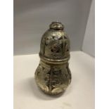 AN ASIAN LOW GRADE SILVER DECORATED LIDDED POT HEIGHT 20CM