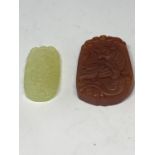 TWO SOAP STONE CARVINGS WITH ORIENTAL DESIGN