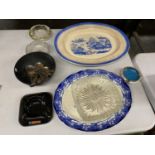 TWO LARGE BLUE AND WHITE PLATTERS, ONE ROYAL DOULTON, A CLOISONNE BOWL, SPOONS, FORKS, ETC