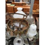 AN ASSORTMENT OF VINTAGE DECORATIVE LIGHT FITTINGS AND GLASS SHADES ETC