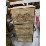 A FAUX LEATHER SET OF THREE DRAWERS WITH RAFFIA DETAILS HEIGHT 65CM