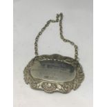 A HALLMARKED BIRMINGHAM SILVER ENGRAVED DECANTER LABEL