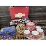 AN ASSORTMENT OF ORIENTAL ITEMS TO INCLUDE A JIN JIANG SET, A COFFEE SET AND A HINGE LIDDED BOX ETC