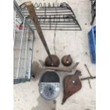 AN ASSORTMENT OF ITEMS TO INCLUDE A GALVANISED MOP BUCKET, TWO VINTAGE POSSERS AND A SET OF BELOWS