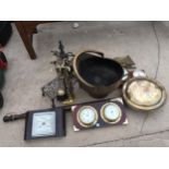 AN ASSORTMENT OF ITEMS TO INCLUDE A BRASS BED WARMING PAN, A BRASS COAL BUCKET AND A A BRASS FIRE