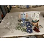 A COLLECTION OF ITEMS TO INCLUDE SHERRY AND WINE GLASSES, WEDGWOOD JASPERWARE, FIGURES, ETC