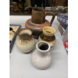 FOUR PIECES OF POTTERY TO INCLUDE WEST GERMAN VASES, LARGE TERRACOTTA JUG, ETC