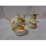 A SMALL AYNSLEY FLORAL TEAPOT, CREAMER, SUGAR BOWL ETC