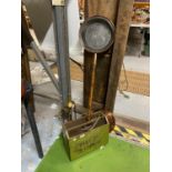 A BRASS MAGAZINE RACK, BRASS COMPANION SET AND A COPPER WARMING PAN