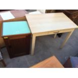 A MID 20TH CENTURY BEDSIDE LOCKER WITH VIVID GREEN GLASS TOP AND FORMICA TOPPED KITCHEN TABLE