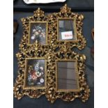 TWO MIRRORS AND TWO PICTURES WITH ORNATE GILDED FRAMES SIZE 29CM X 18CM