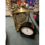 TWO MANTEL CLOCKS, ONE BEING A CARRIAGE CLOCK, THE OTHER SMALL BLACK ONE A/F