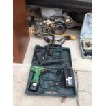 A PRO 1200W CHOP SAW AND TWO BATTERY DRILLS TO INCLUDE A BOSCH