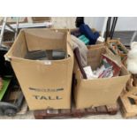 AN ASSORTMENT OF HOUSEHOLD CLEARANCE ITEMS TO INCLUDE CLOTHES, A WALKING FRAME AND HANDBAGS ETC