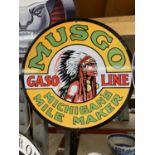 A MUSGO GASOLINE ROUND METAL SIGN
