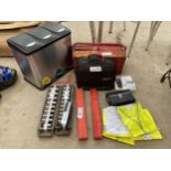 AN ASSORTMENT OF ITEMS TO INCLUDE SOCKETS, A TOOL BOX AND CONTENTS AND A PEDDLE BIN ETC