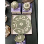 FOUR PIECES OF BOXED GREEN WEDGWOOD JASPERWARE TO INCLUDE, 2 LIDDED TRINKET BOXES, A PIN DISH AND