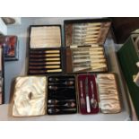 FOUR BOXED SETS OF FLATWARE TO INCLUDE WALKER AND HALL KNIVES AND FORKS, ETC
