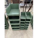 A COLLECTION OF SEVENTEEN VARIOUS SIZED STACKABLE LIN BIN STORAGE CONTAINERS