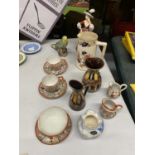 A COLLECTION OF ITEMS TO INCLUDE, ORIENTAL STYLE CUPS AND SAUCERS, VASES, JUGS, FIGURES, ETC