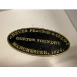 A BRASS PLAQUE WITH 'BEYER PEACOCK & CO LTD, GORTON FOUNDRY, MANCHESTER, 1894' SIZE 41CM X 20CM