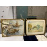 TWO FRAMED PRINTS, ONE OF A BOAT IN MARKET, THE OTHER A COUNTRY SCENE