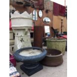 AN ASSORTMENT OF GARDEN PLANTERS TO INCLUDE A KINGS CHIMNEY POT, A WILLOWSTONE POT AND A STUDIO