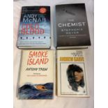 FOUR HARDBACK FIRST EDITIONS TO INCLUDE THE CHEMIST BY STEPHEN MEYER, SMOKE ISLAND BY ANTHONY