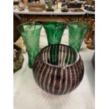 THREE VINTAGE STYLE GREEN GLASS VASES HEIGHT 22CM PLUS A PURPLE ROUND VASE