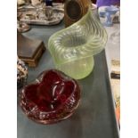 TWO PIECES OF GREEN AND CRANBERRY GLASSWARE, THE GREEN PIECE HAVING A PONTIL MARK TO THE BASE