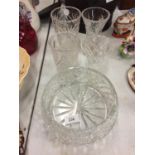 FIVE PRESSED GLASS ITEMS TO INCLUDE FRUIT BOWL, VASES ETC.