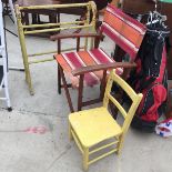 A FOLDING DIRECTORS CHAIR, A SMALL CHILDS CHAIR AND A WOODEN TOWEL RAIL