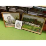 TWO OIL ON BOARD PAINTINGS OF A A CHURCH AND A BUNGALOW AND A PRINT OF YORK MINSTER