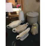 A VINTAGE STONEWARE BREAD CROCK AND HOT WATER BOTTLE, PLUS THREE PLANTERS AND A VASE