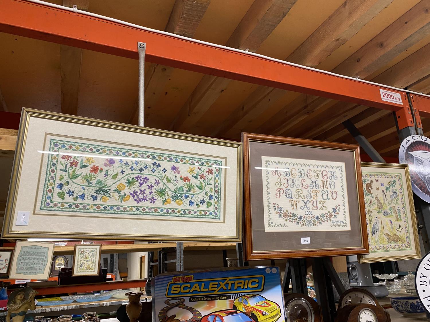 THREE FRAMED TAPESTRIES WITH IMAGES OF THE ALPHABET, FLOWERS, AND ANIMALS