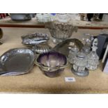 A COLLECTION OF SILVER PLATE AND GLASSWARE ITEMS TO INCLUDE, HANDLED SERVING DISHES, GLASS CONDIMENT