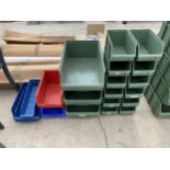 A COLLECTION OF NINETEEN VARIOUS SIZED STACKABLE LIN BIN STORAGE CONTAINERS