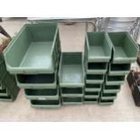 A COLLECTION OF NINETEEN VARIOUS SIZED STACKABLE LIN BIN STORAGE CONTAINERS