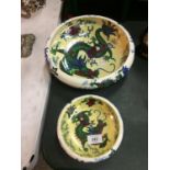 A LARGE AND A SMALL 'DRAGON' BOWL BY BURSLEY WARE ENGLAND. DECORATED TO THE INSIDE AND SIDES WITH