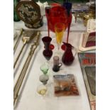 A QUANTITY OF COLOURED GLASS TO INCLUDE, GLASSES, JUGS, ETC