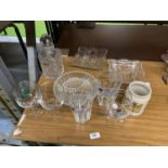 A QUANTITY OF GLASSWARE TO INCLUDE, BOWLS, DECANTER, HOEGAARDEN BEER GLASSES, ETC