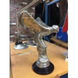 A LARGE CHROME SPIRIT OF ECSTACY ON A MARBLE BASE HEIGHT 36CM